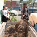 Students shovel dirt into a compost bin