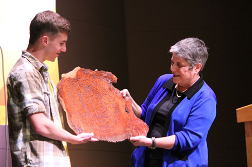 Credit: Kate Breyer/Arcata High School One of a few dignitaries to make the visit “behind the Redwood Curtain,” Napolitano received a gift of burlwood engraved with the UC seal.
