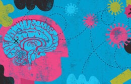 Illustration of brain and COVID-19 virus