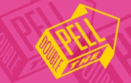 Pink background with yellow logo reading "Double the Pell"