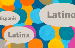 Illustrated speech bubbles with the words "Hispanic," "Latino," and "Latinx"