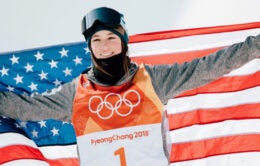 Brita Sigourney celebrates her bronze-medal-winning run in the halfpipe in the Pyeongchang Games.