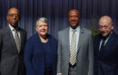 Chancellor’s Colloquium panel, from left: UC President Michael V. Drake, President Emerita Janet S. Napolitano, Chancellor Gary S. May and President Emeritus Mark G. Yudof. (Karin Higgins/UC Davis)
