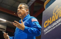 UC Regent José Hernandez addresses the 20th Cesar Chavez Youth Leadership Conference and Celebration at UC Davis on May 14.