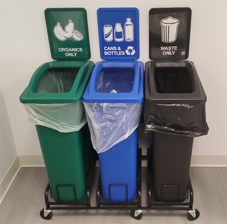 Compost, recycle and trash bins