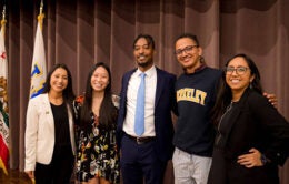 (From left to right) Current Student Regent Marlenee Blas Pedral, Mary Tran, Student Regent-designate Merhawi Tesfai, William Carter and Deniss Martinez.