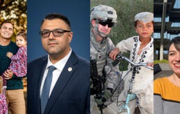 Anthony Rodelo and his family, Dani Molina, James Seddon with an Afghan child and Pegah Parsi