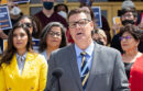 Jeff, center, speaks at a 2022 press conference to rally support for UC Riverside (Photo by Stan Lim, UC Riverside)