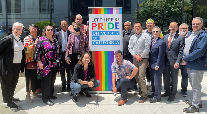 UCOP Pride members (from left to right): Pamela Brown, UCOP Pride executive co-sponsor; Aimee Chang; Karen Orlando; UC President Michael V. Drake, M.D.; Emily Breed; George Zamora; Liz Terry; Chase Fischerhall; Dawn Robinson; Michael Aires; Ianna Urquhart; Ellen Owens; David Alcocer, UCOP Pride executive co-sponsor; Theodore Dahl; and Gregory Sykes.
