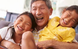 Grandfather And Granddaughters Relaxing On Sofa At Home