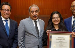 (From left to right) Board of Regents Chair Richard Leib, UC San Diego Chancellor Pradeep Khosla, UC San Diego Student Maribel Patiño and UC President Michael V. Drake. (Photo credit: Robert Durell)