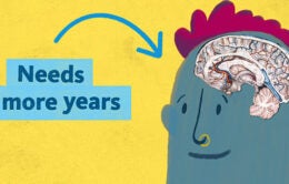 Illustration of a teenager with pink hair and a nose ring, with text pointing to their brain - "Needs 7 more years"