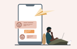 Illustration of man on a laptop computer using the LinkedIn Learning AI coaching tool