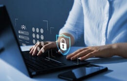 Person typing on computer with overlay of security features