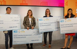 2023 Grad Slam winners: Brandon Tsai, UCLA; Elissa Monteiro, UC Riverside; Julia Mouat, UC Davis; and Aneelman Brar, UC Merced. (Photo: Robert Durell)