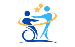 Graphic of standing person hugging person in a wheelchair