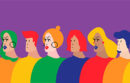 Illustration of brightly colored people in a line