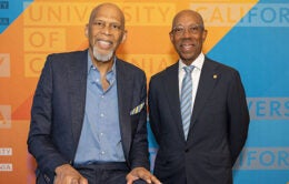 Basketball legend Kareem Abdul-Jabbar and University of California President Michael V. Drake, M.D.