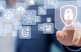 Cybersecurity on internet, secure network connection and cloud, personal data protection and privacy, technology against email phishing, fraud and cybercrime, business person touching screen