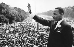 American civil rights leader Martin Luther King (1929 - 1968) addresses crowds during the March On Washington at the Lincoln Memorial, Washington DC, where he gave his 'I Have A Dream' speech.