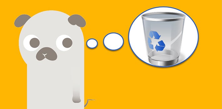 Confused pug dog envisioning a recycling bin