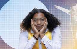 Brandon Lazard with an illustration of an astronaut and the moon