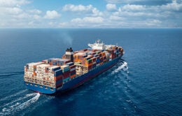 A large container cargo ship travels over calm, blue ocean