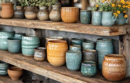 Shelf full of various colored ceramic pots and vases. The pots and vases are arranged in a way that creates a sense of depth and interest.