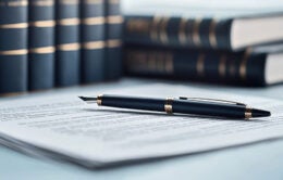 Close-up of documents and a pen resting on a table, with law books in the background, soft focus.