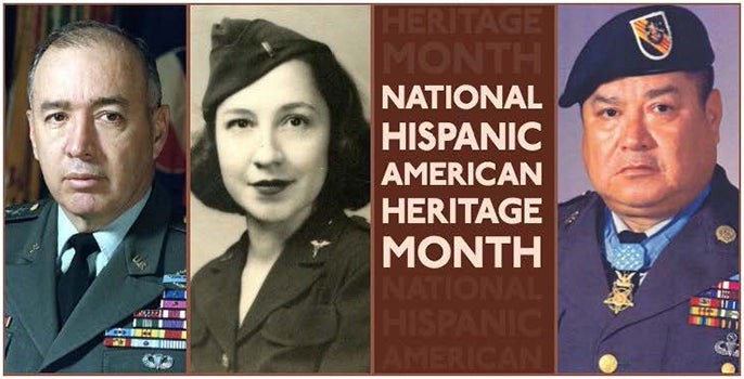 Archival uniformed photos of Gen. Richard E. Cavazos, Carmen Lozano Dumler, and Master Sergeant Roy Benavidez