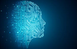 Artificial intelligence. Human head outline with circuit board inside.