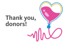 "Thank you, donors!" IV bag with blood shaped like a heart