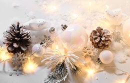 pearl and white color christmas and new year decoration on white background with lights