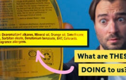 Stephen McNally holds up a bottle of household cleaner containing suspect chemicals