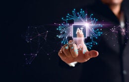 businessman finger touching artificial intelligence circuit board