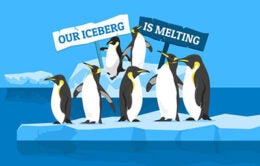 Illustration of penguins holding signs, "Our iceberg is melting."
