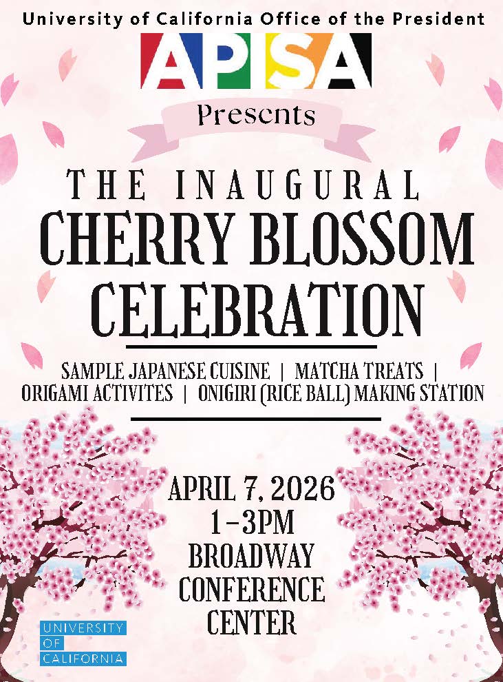 APISA presents the Inaugural Cherry Blossom Celebration: Sample Japanese Cuisine, Matcha Treats, Origami Activities, Onigiri (Rice Ball) Making Station. April 7, 1-3 p.m., Broadway Conference Center.