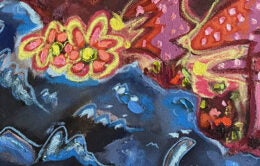 Abstract pink, blue, orange and red painting by Eli Thorne, “Blissed & Babbling,” 2025