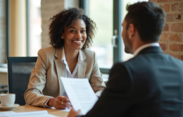 Smiling woman in blazer discusses papers with man in suit at table
