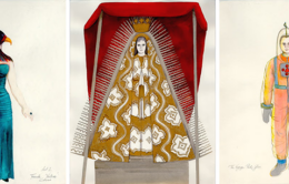 Dunya Ramicova, Costume designs for “The Voyage” (1992): Left to right: Female “Native”, Queen Isabella, and Space Twins; Graphite pencil, watercolor, and metallic watercolor on watercolor paper. UC Merced Archives and Special Collections