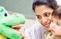 Dentist demonstrating brushing on stuffed toy