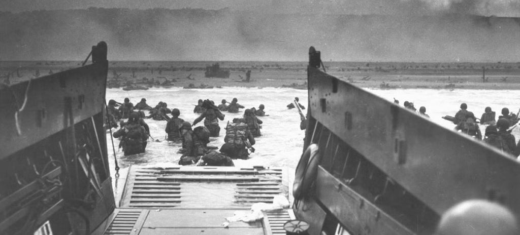 Allied Forces storming the beach at Normandy on D-Day