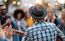 Man playing guitar in front of a crowd
