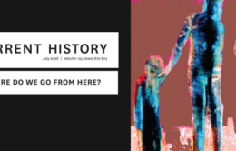 Abstract painting of three figures — two adults and one child. "Current History - Where do we go from here?"