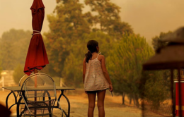 Little girl standing by a picnic table under a yellow hazy sky