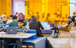students working in a library on campus